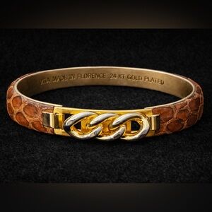 VITA Florence 24KT Gold Plated Croc Leather Chain Link Cuff Bracelet Italy